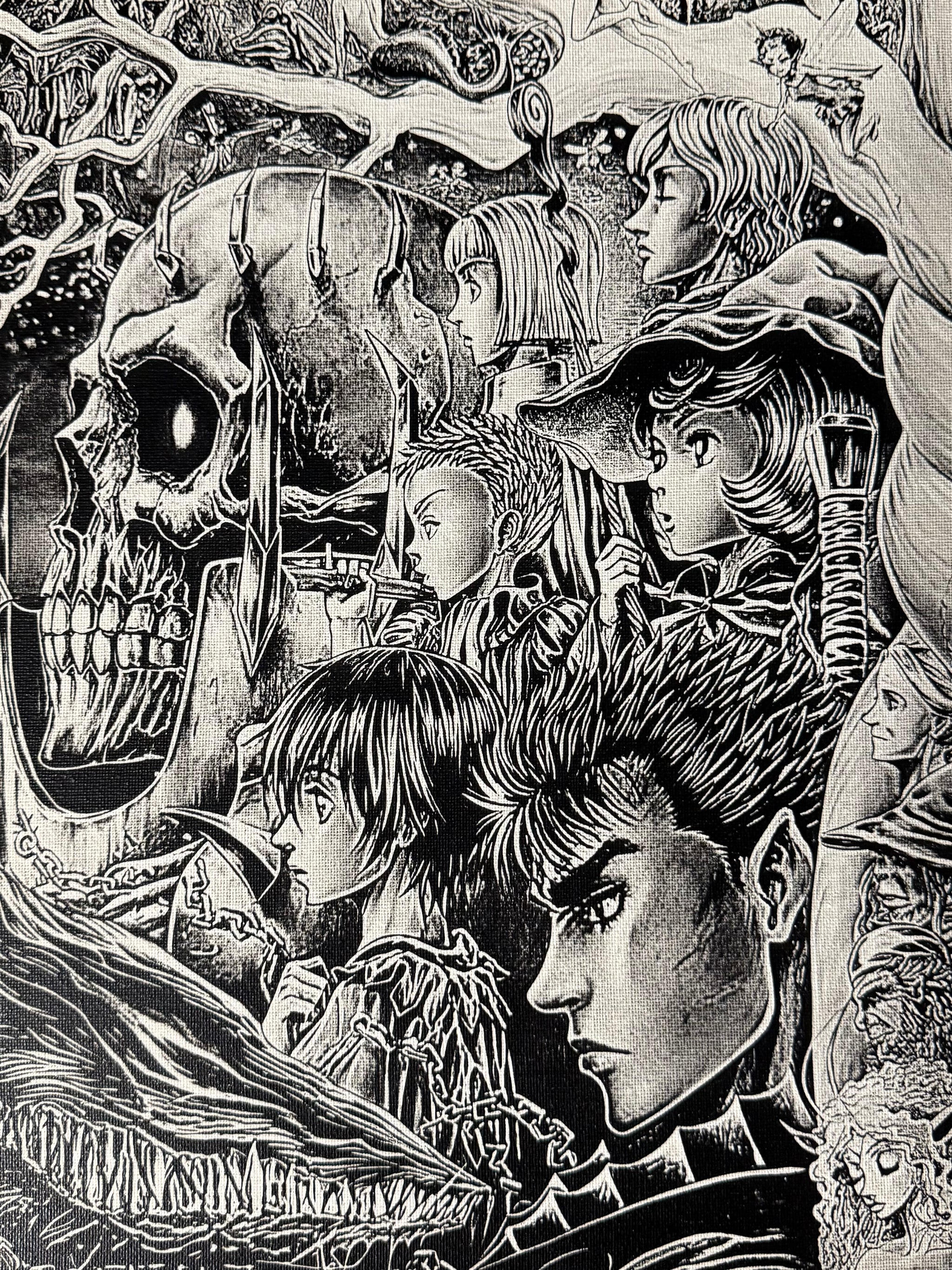 Détail en gros plan d’un tableau dark fantasy représentant un guerrier au style épique en noir et blanc